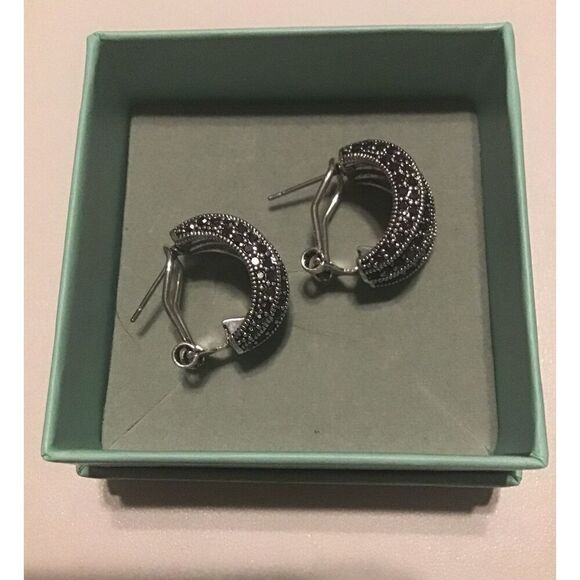 Sparkling Silver Wide Marcasite Gemstone Wave "J" Hoop Leverback Earrings - Picture 6 of 6